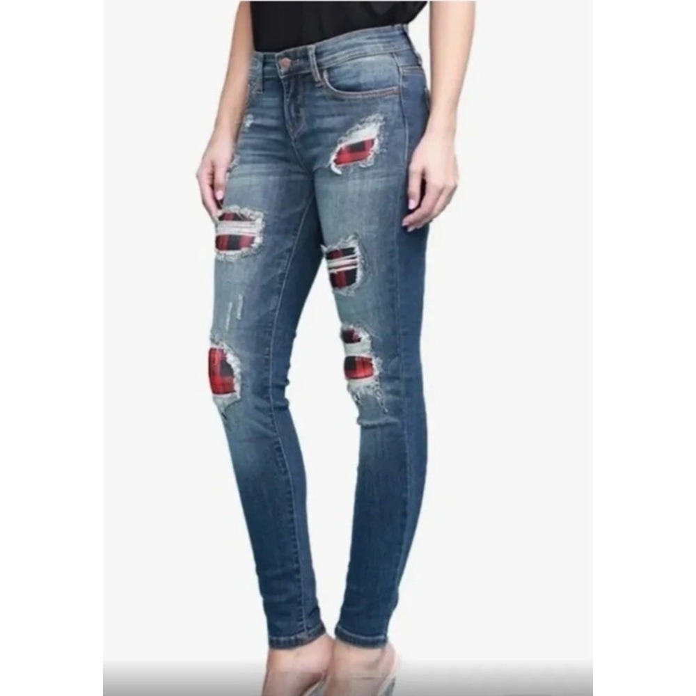 Judy Blue‎ Womens Size 5 Skinny Fit Distressed Buffalo Plaid Jeans Stretch Comfy